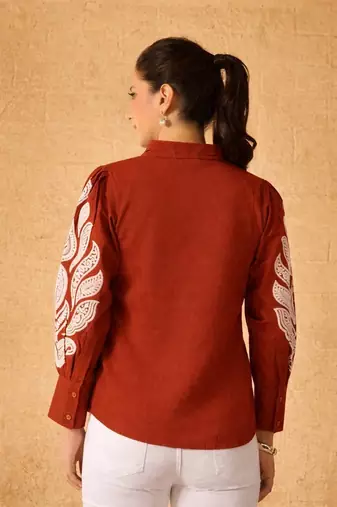 Women trendy rust cotton button-down top with white contrast embroidered sleeves