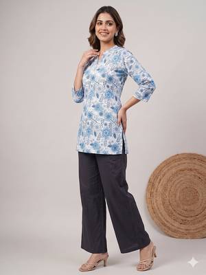 Womens blue floral printed short kurti with beige palazzo set 4