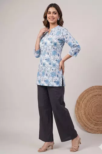 Womens new trendy blue floral printed short kurti with beige palazzo set
