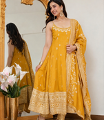 Yellow vichitra silk party wear embroidery anarkali suit set