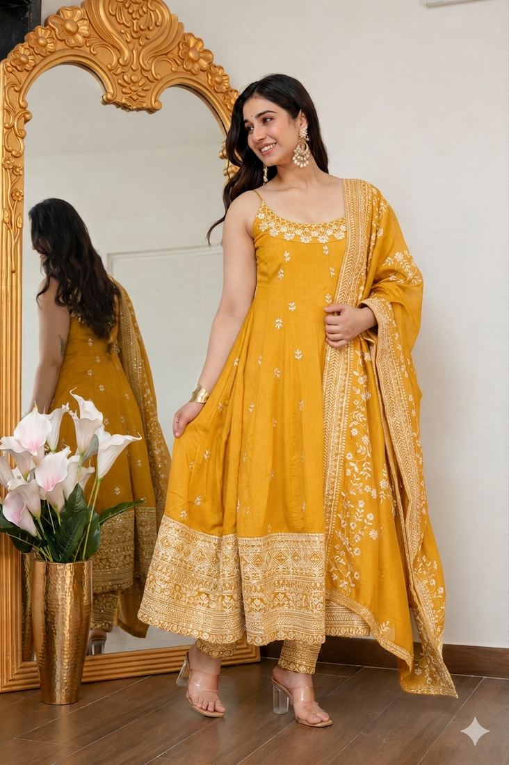 Yellow vichitra silk party wear embroidery anarkali suit set
