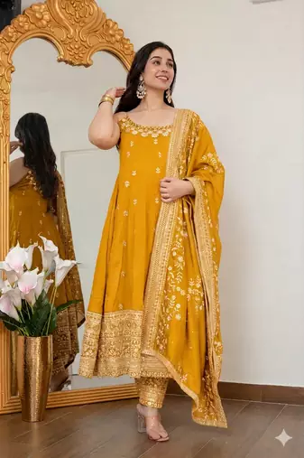 Yellow vichitra silk party wear embroidery anarkali suit set