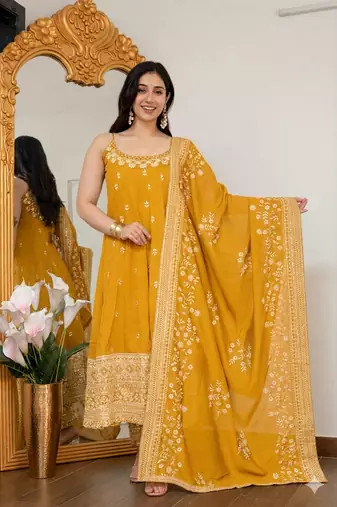 Yellow vichitra silk party wear embroidery anarkali suit set