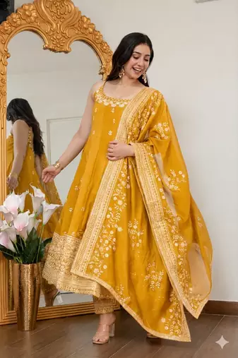 Yellow vichitra silk party wear embroidery anarkali suit set