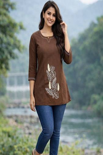 Womens new latest cotton brown floral embroidered short kurti