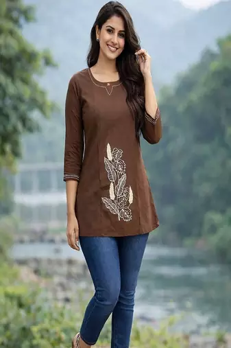 Womens new latest cotton brown floral embroidered short kurti