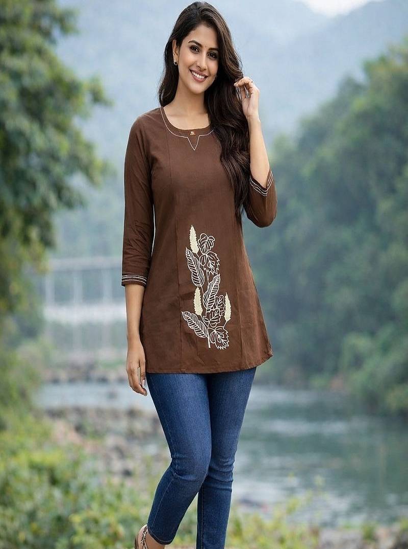 Womens new latest  cotton brown  floral embroidered short kurti