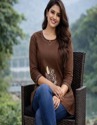 Womens  cotton brown floral embroidered short kurti 2