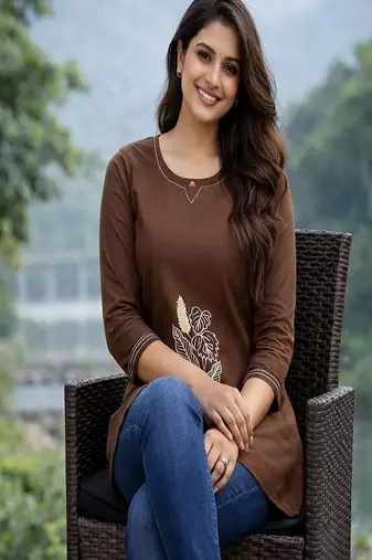 Womens new latest cotton brown floral embroidered short kurti