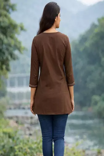Womens new latest cotton brown floral embroidered short kurti