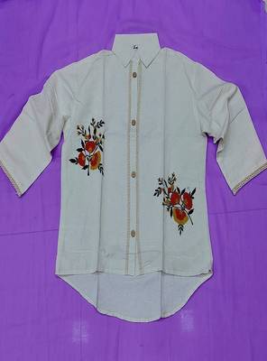 Womens  cotton-linen off-white fusion shirt kurti with floral embroidery 4
