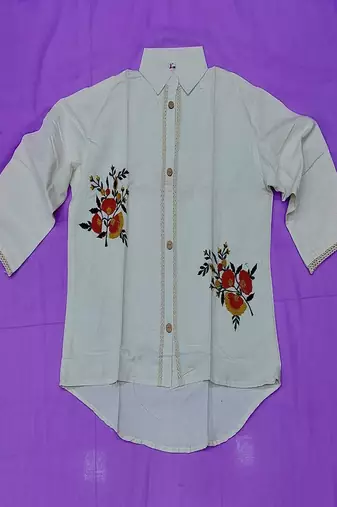 Womens new trendy premium cotton-linen off-white fusion shirt kurti with floral embroidery