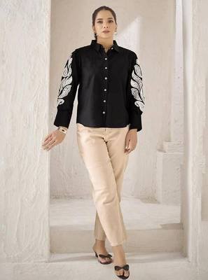 Women black cotton button-down top with white contrast embroidered sleeves 3
