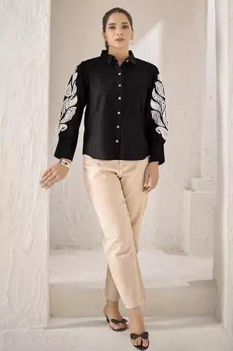Women trendy black cotton button-down top with white contrast embroidered sleeves