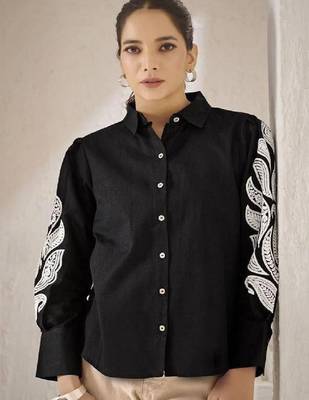 Women black cotton button-down top with white contrast embroidered sleeves 1
