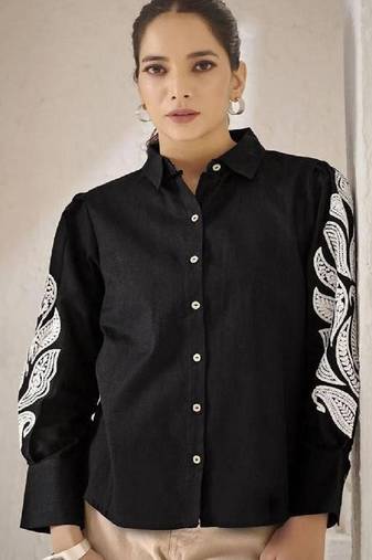 Women trendy  black cotton button-down top with white contrast embroidered sleeves