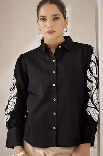 Women trendy black cotton button-down top with white contrast embroidered sleeves