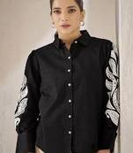 Women trendy  black cotton button-down top with white contrast embroidered sleeves