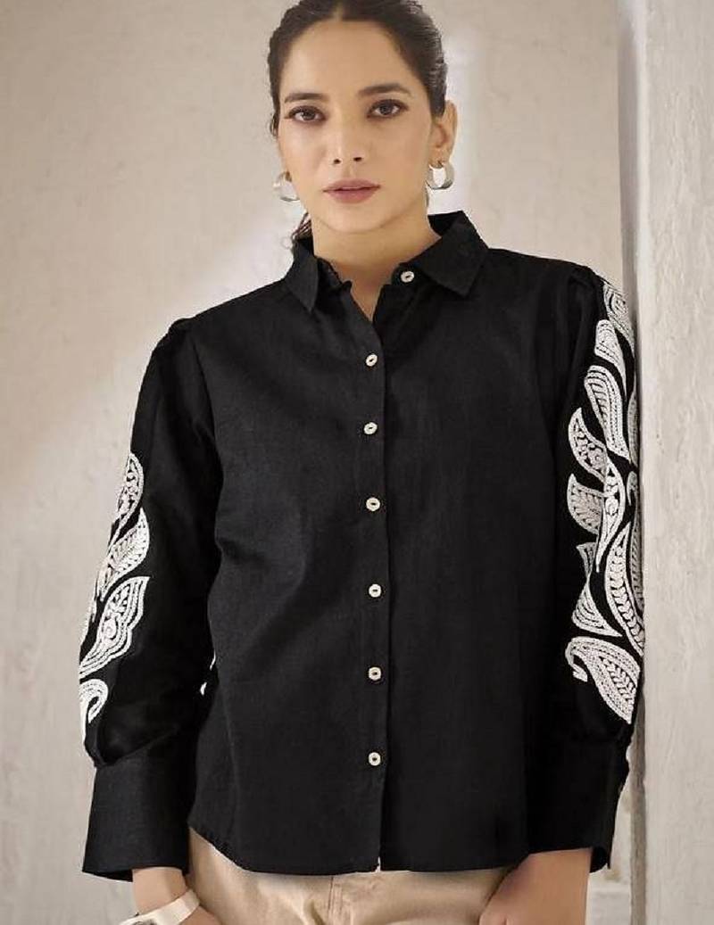 Women trendy  black cotton button-down top with white contrast embroidered sleeves