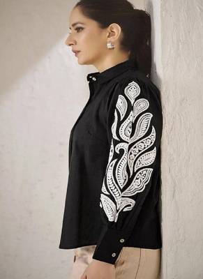 Women black cotton button-down top with white contrast embroidered sleeves 4