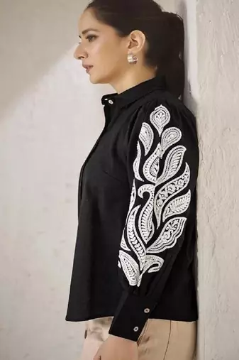 Women trendy black cotton button-down top with white contrast embroidered sleeves