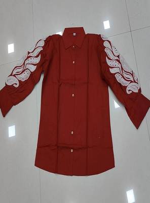Women  rust cotton button-down top with white contrast embroidered sleeves 4
