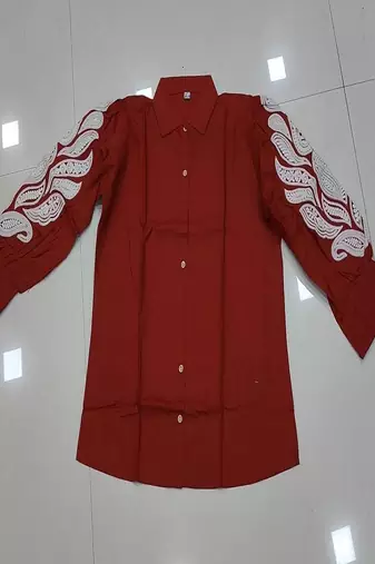 Women trendy rust cotton button-down top with white contrast embroidered sleeves