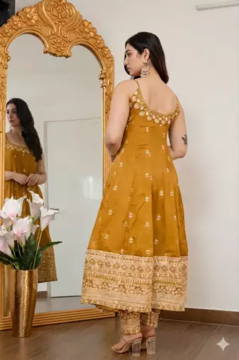 Yellow vichitra silk party wear embroidery anarkali suit set