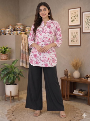 Women white & mauve lotus floral printed cotton kurti with black palazzo set 2