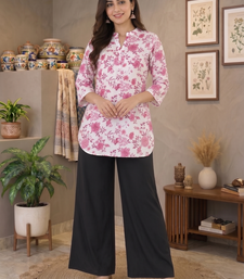 Women white & mauve lotus floral printed cotton kurti with black palazzo set