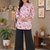 Women white & mauve lotus floral printed cotton kurti with black palazzo set