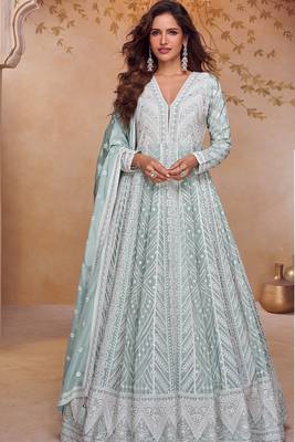 Sea green embroidery & sequins free size stitched kurta set for women 1