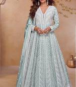 Sea green embroidery & sequins free size stitched kurta set for women