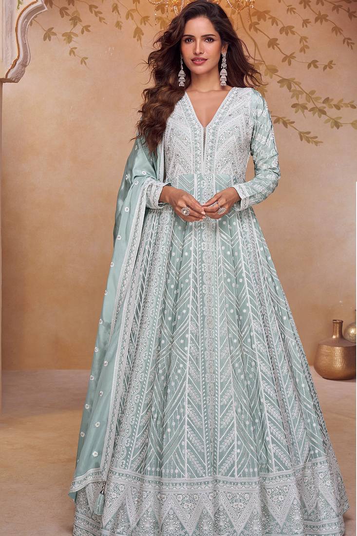 Sea green embroidery & sequins free size stitched kurta set for women