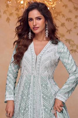 Sea green embroidery & sequins free size stitched kurta set for women 2
