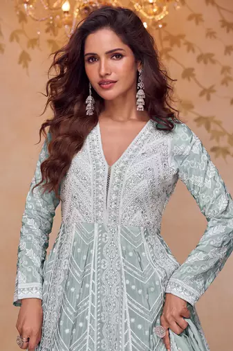 Sea green embroidery & sequins free size stitched kurta set for women