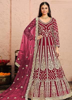 Maroon embroidery & sequins free size stitched kurta set for women 1