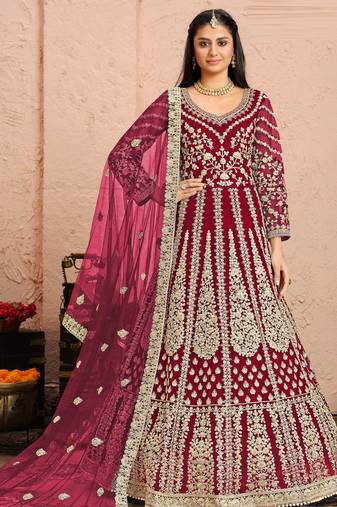 Maroon embroidery & sequins free size stitched kurta set for women