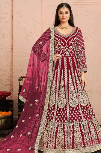 Maroon embroidery & sequins free size stitched kurta set for women