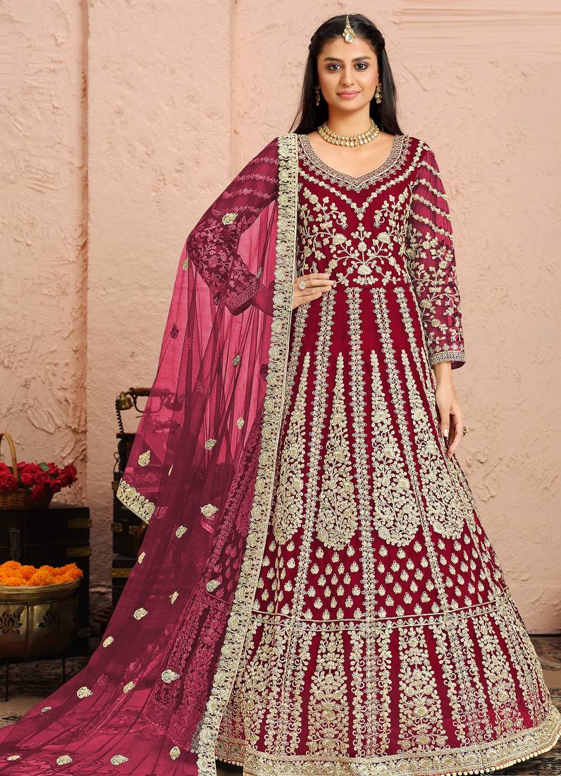Maroon embroidery & sequins free size stitched kurta set for women