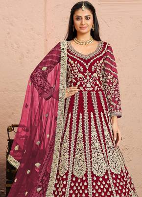 Maroon embroidery & sequins free size stitched kurta set for women 2