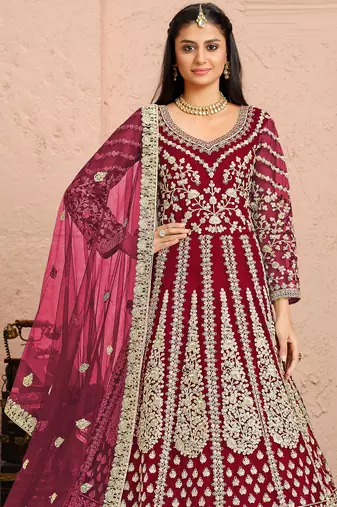 Maroon embroidery & sequins free size stitched kurta set for women
