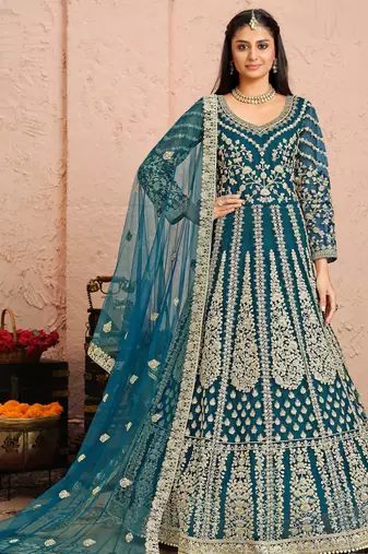 Teal-blue embroidery & sequins free size stitched kurta set for women