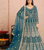Teal-blue embroidery & sequins free size stitched kurta set for women