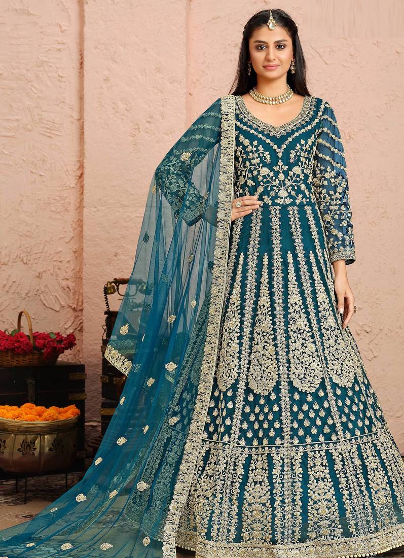 Teal-blue embroidery & sequins free size stitched kurta set for women