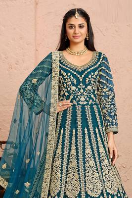 Teal-blue embroidery & sequins free size stitched kurta set for women 2
