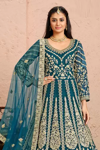 Teal-blue embroidery & sequins free size stitched kurta set for women