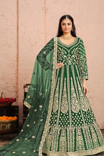 Green embroidery & sequins free size stitched kurta set for women