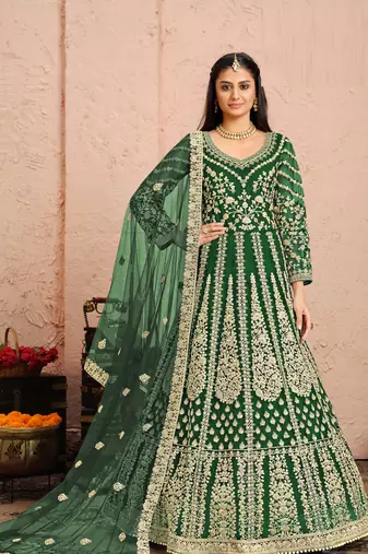 Green embroidery & sequins free size stitched kurta set for women