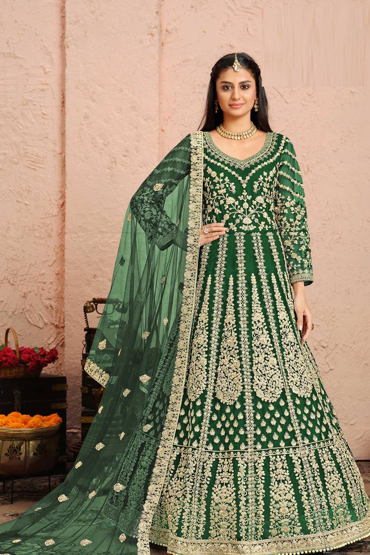 Green embroidery & sequins free size stitched kurta set for women
